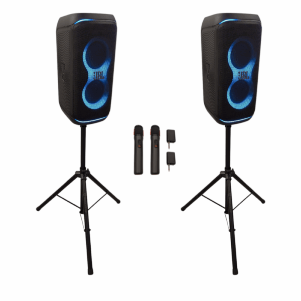 Party speakers with mics